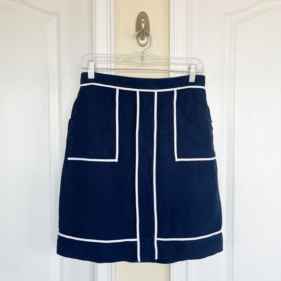 Banana Republic Size 4 Navy White Above Knee Contrast Lines Skirt in Linen Blend - Picture 3 of 7